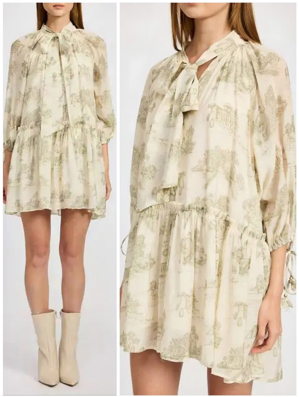 En Saison Cream Green Tie Neck Leighton Toile Dress, M